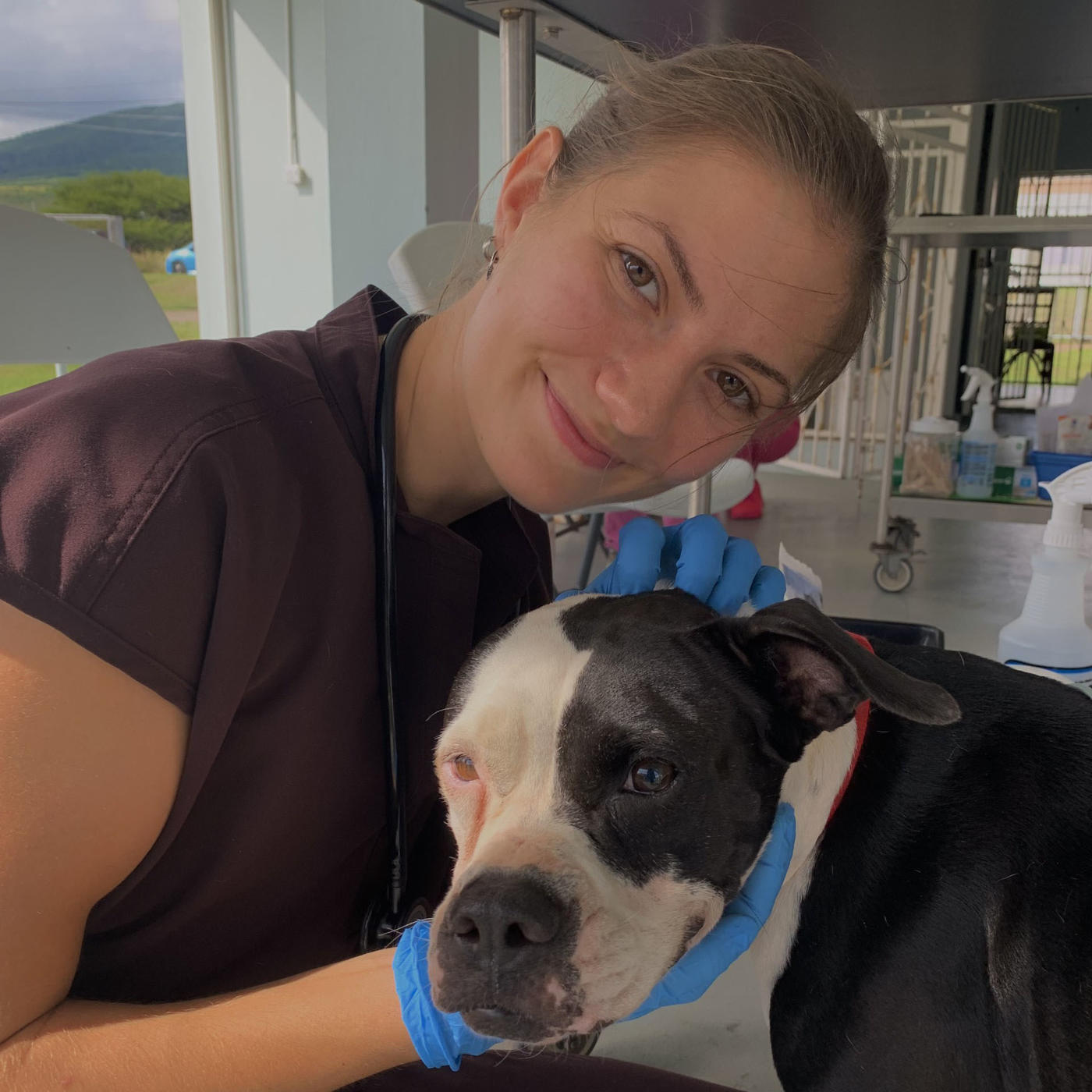 Woman posing with large black and white dog